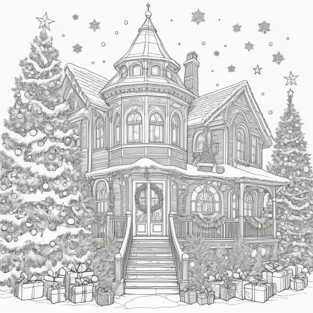 house with Christmas trees and presents, in a coloring book for adults