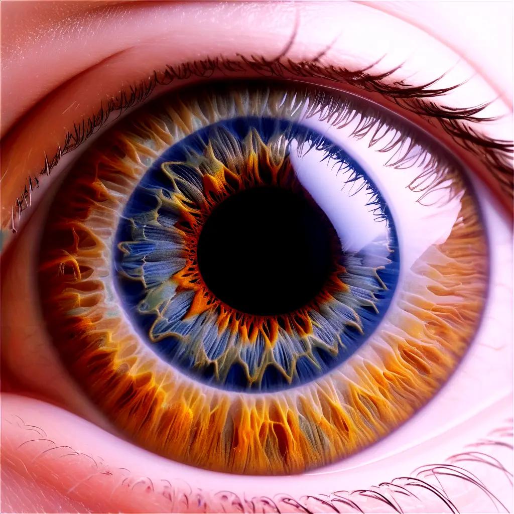 青い虹彩とオレンジ色の瞳孔を持つ人間の目