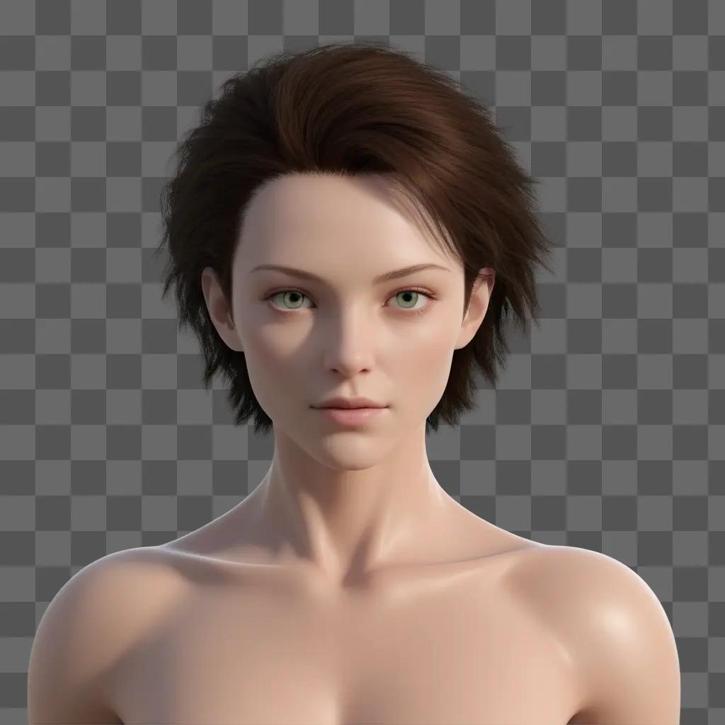 humanoid model of a woman with brown hair and green eyes