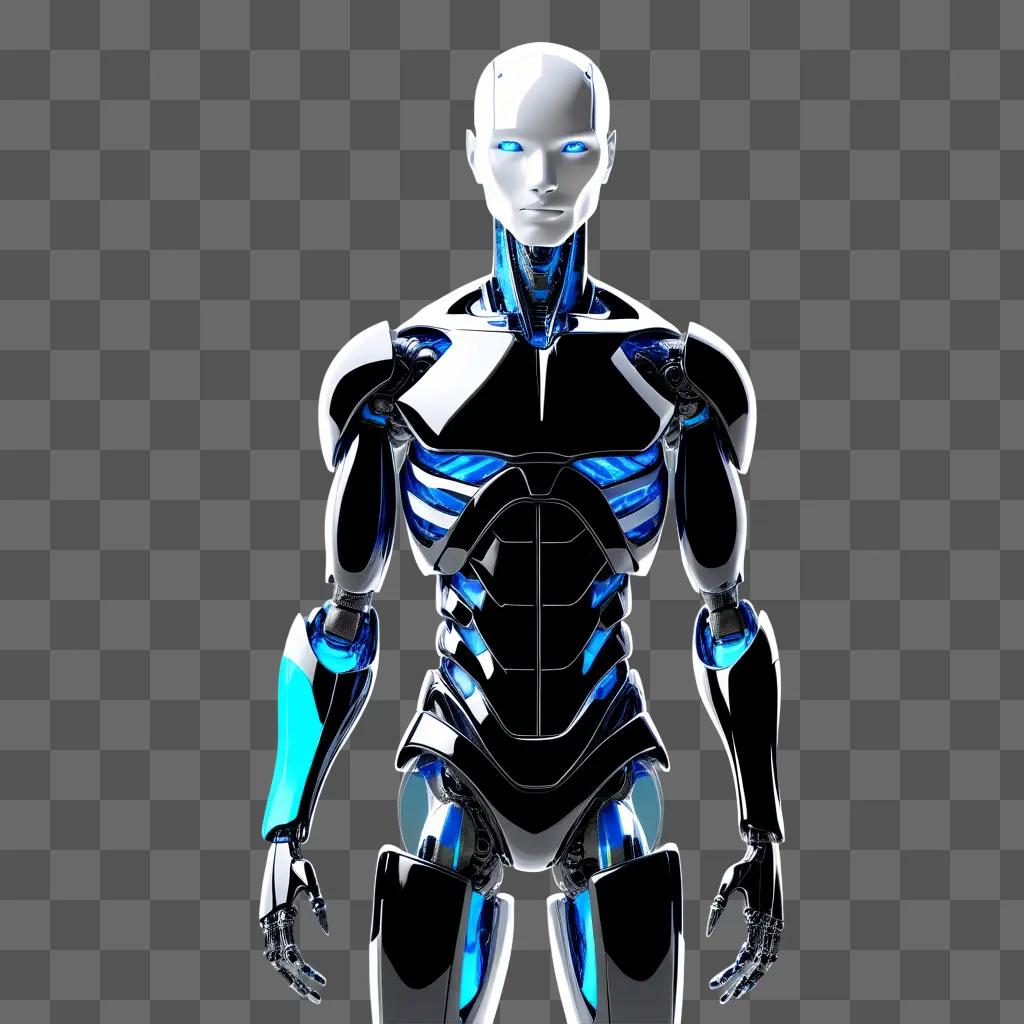 humanoid robot stands with glowing blue eyes