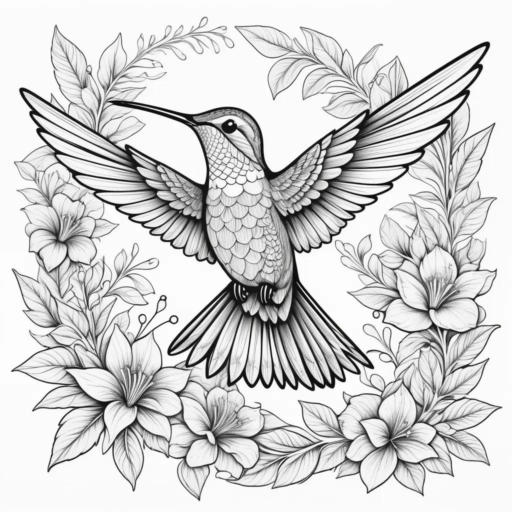 hummingbird coloring page with flowers and leaves