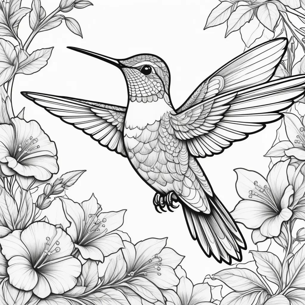 hummingbird coloring page with flowers and leaves