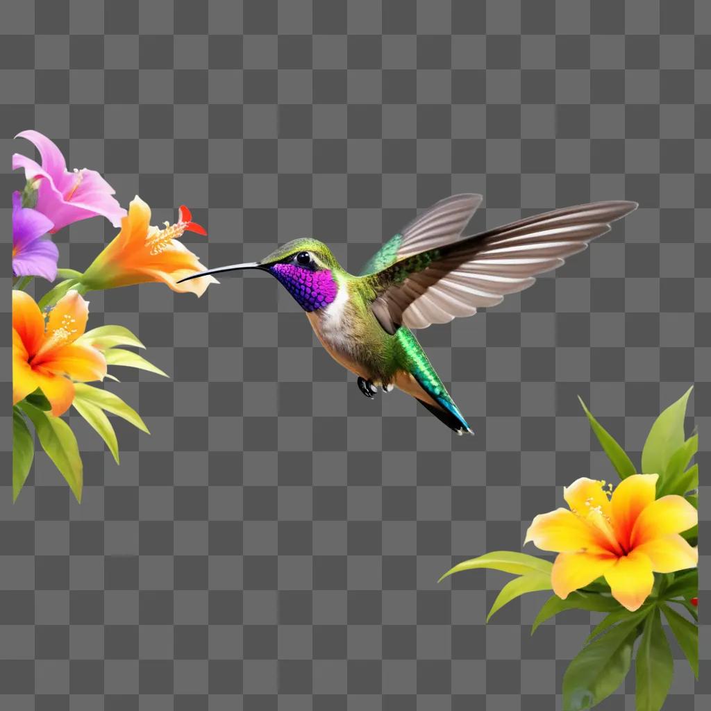 hummingbird in flight with colorful flowers