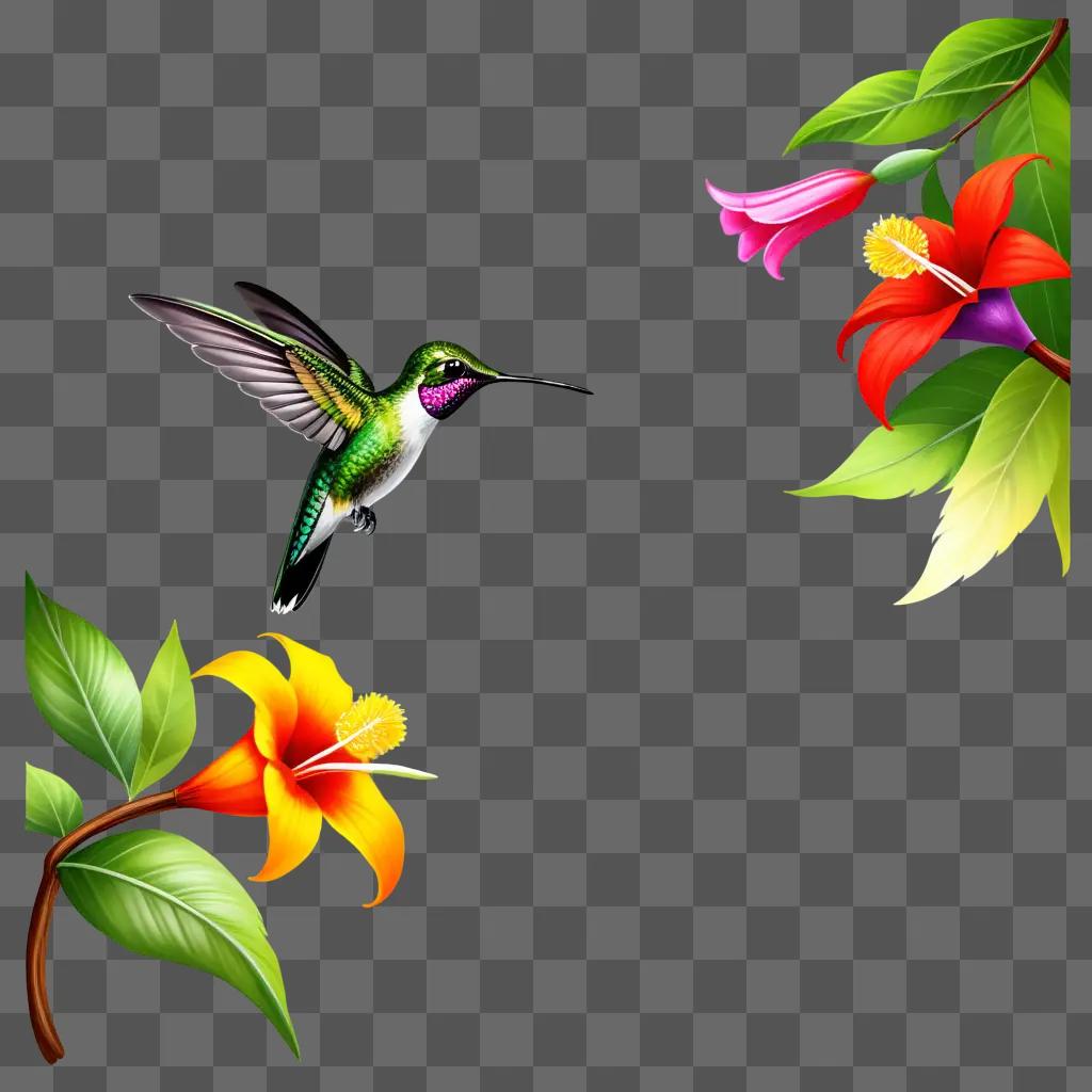 hummingbird with a pink and green body is hovering over a flower