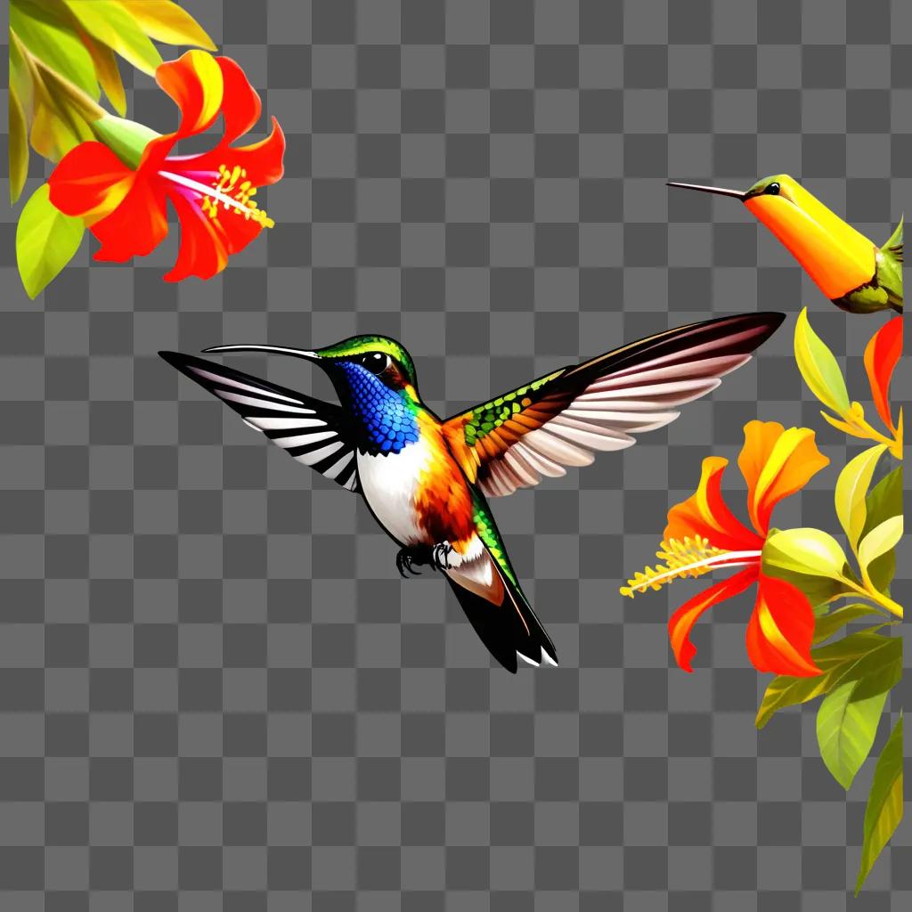 hummingbird with a rainbow color scheme is depicted in the image