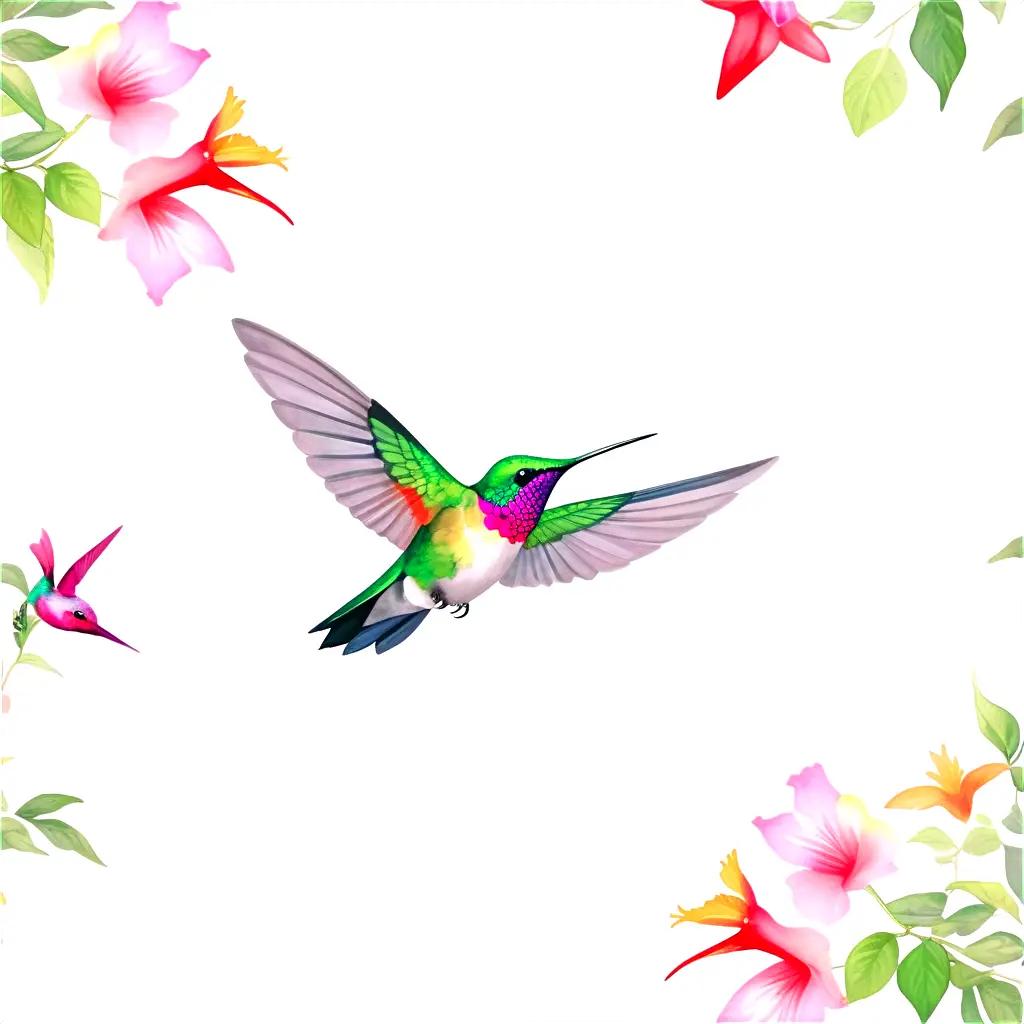 hummingbird with colorful feathers and a pink beak