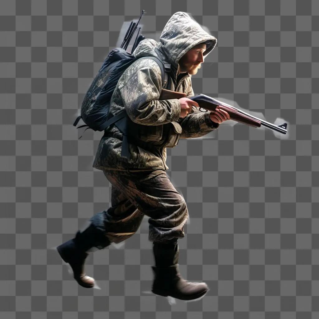 hunter in camouflage carrying a rifle and backpack