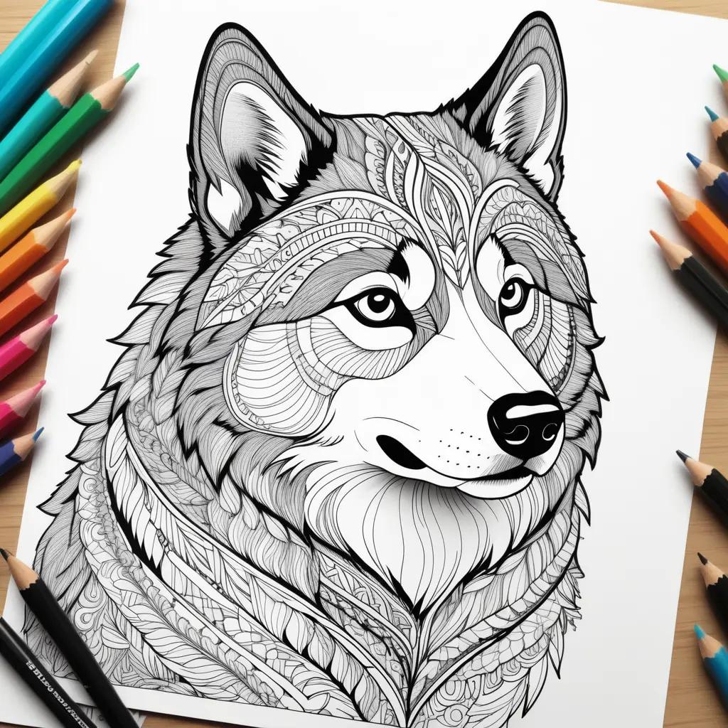 husky coloring page is surrounded by a variety of colored pencils