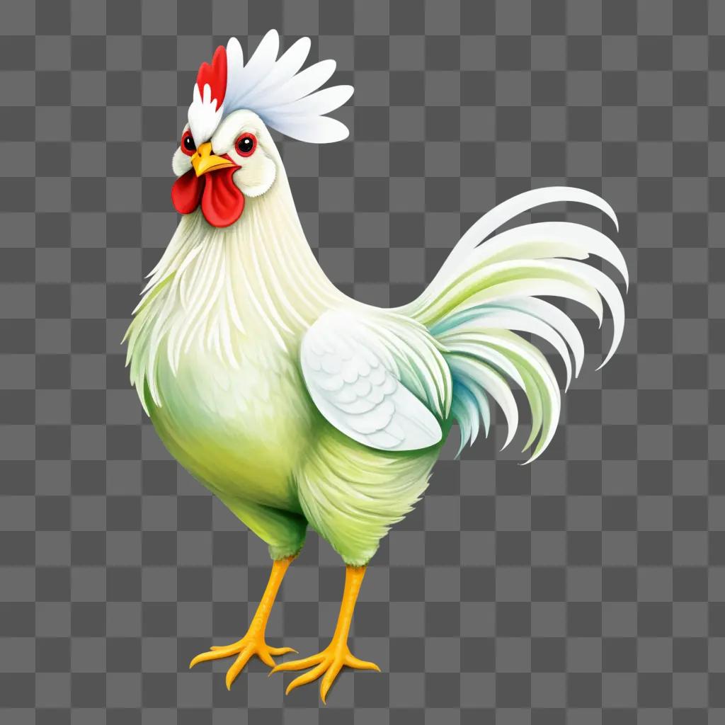 illustrated white chicken stands on a beige background