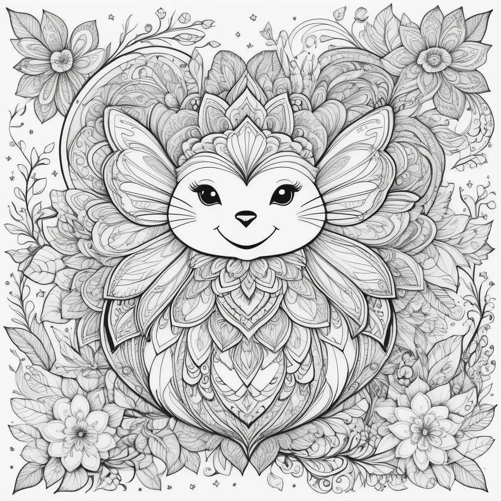 imals, plants and flowers with a smiling cat on a black and white coloring page