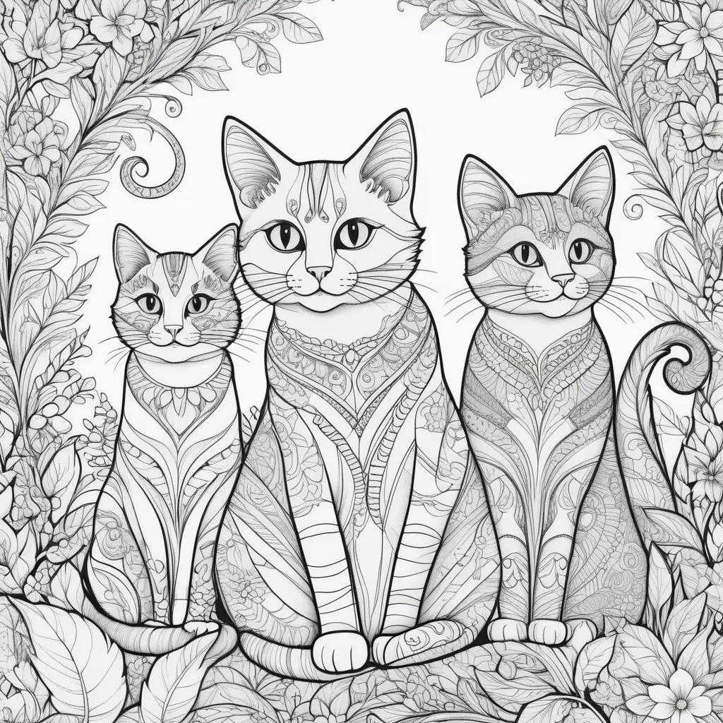 imals Coloring Page: Three Cats in Flower Arrangement