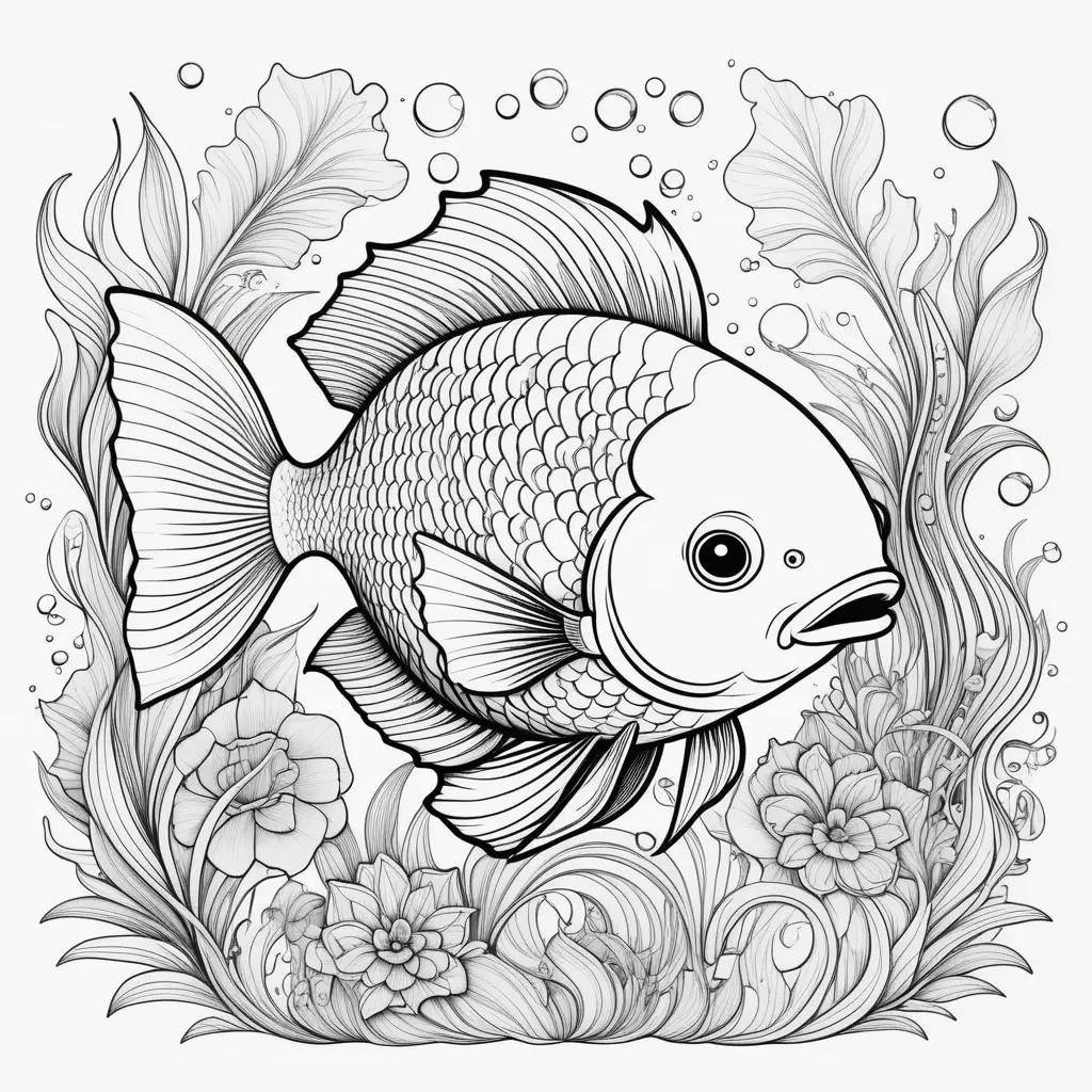 imals Coloring Page with Fish and Flowers