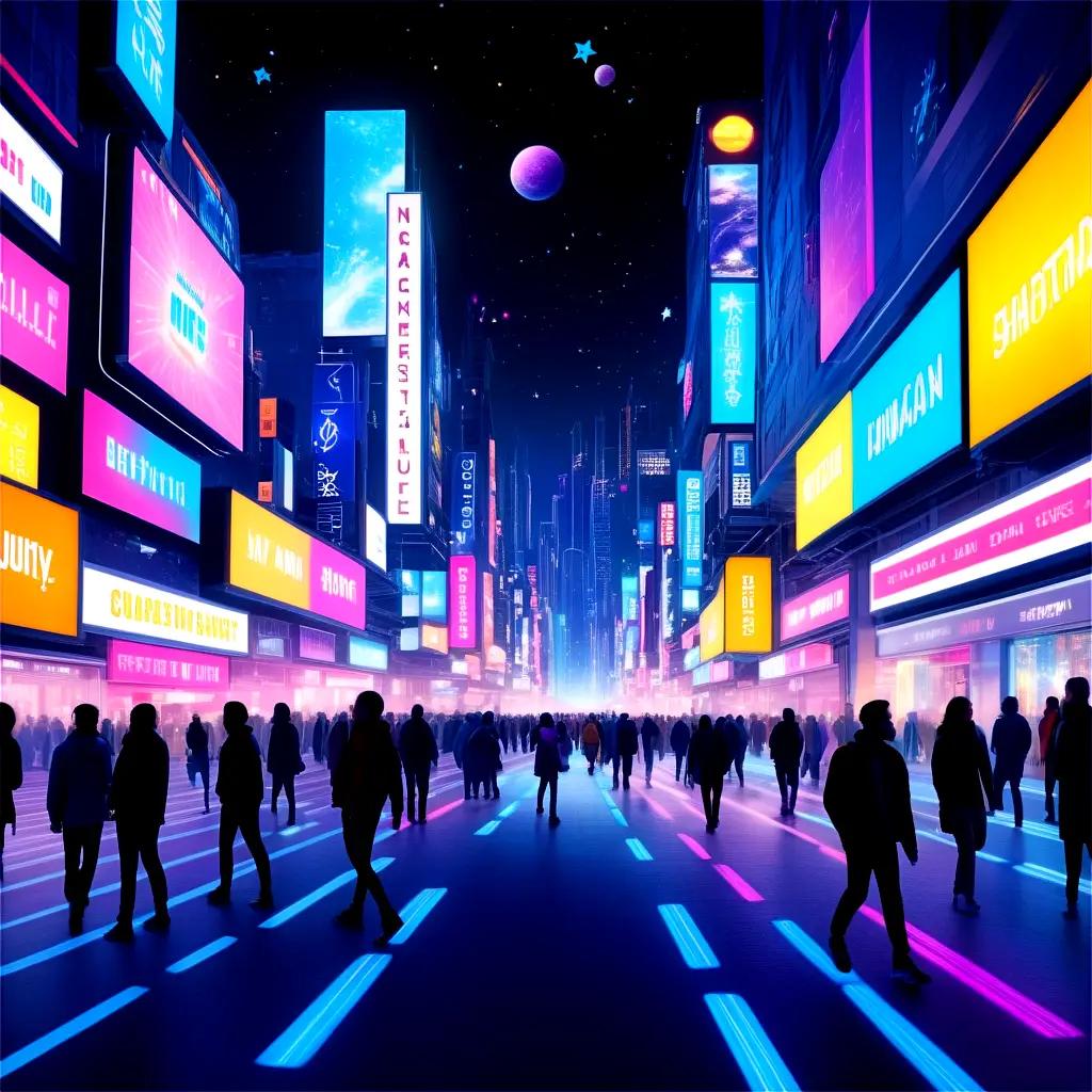 imated neon city scene with people walking