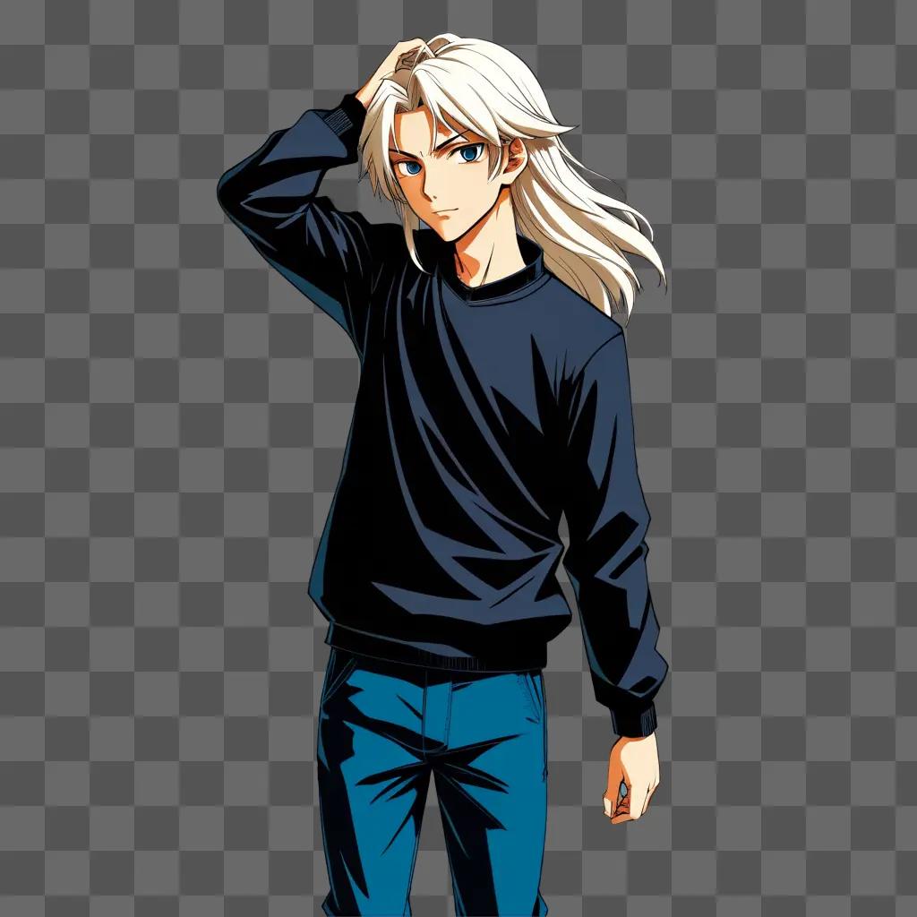 ime boy with long blonde hair in a black shirt