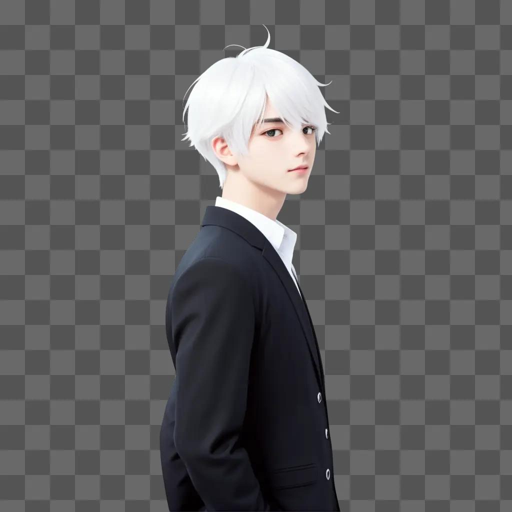 ime boy with white hair in a black suit