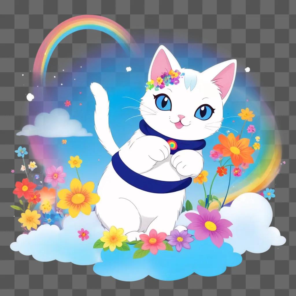 ime cat with flower necklace in a rainbow sky