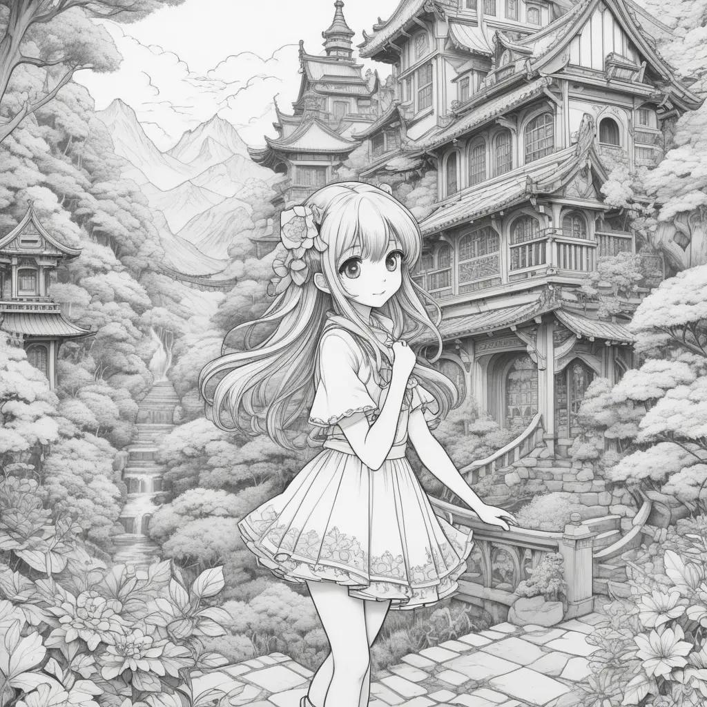 ime color page featuring a girl in a dress standing in front of a building