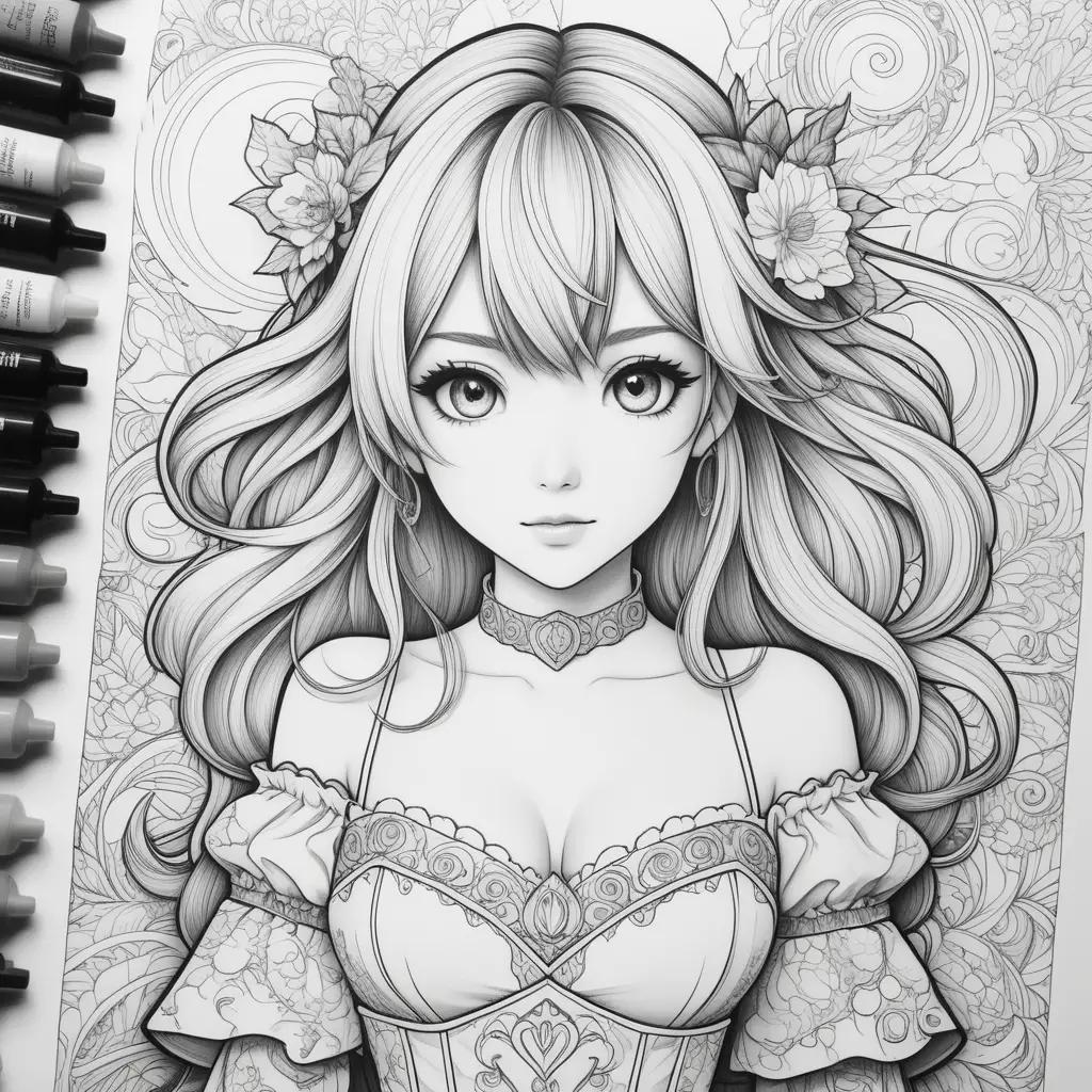 ime coloring page of a beautiful girl with flowers