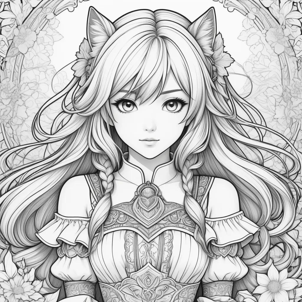 ime coloring page with anime girl, cat ears, and flowers