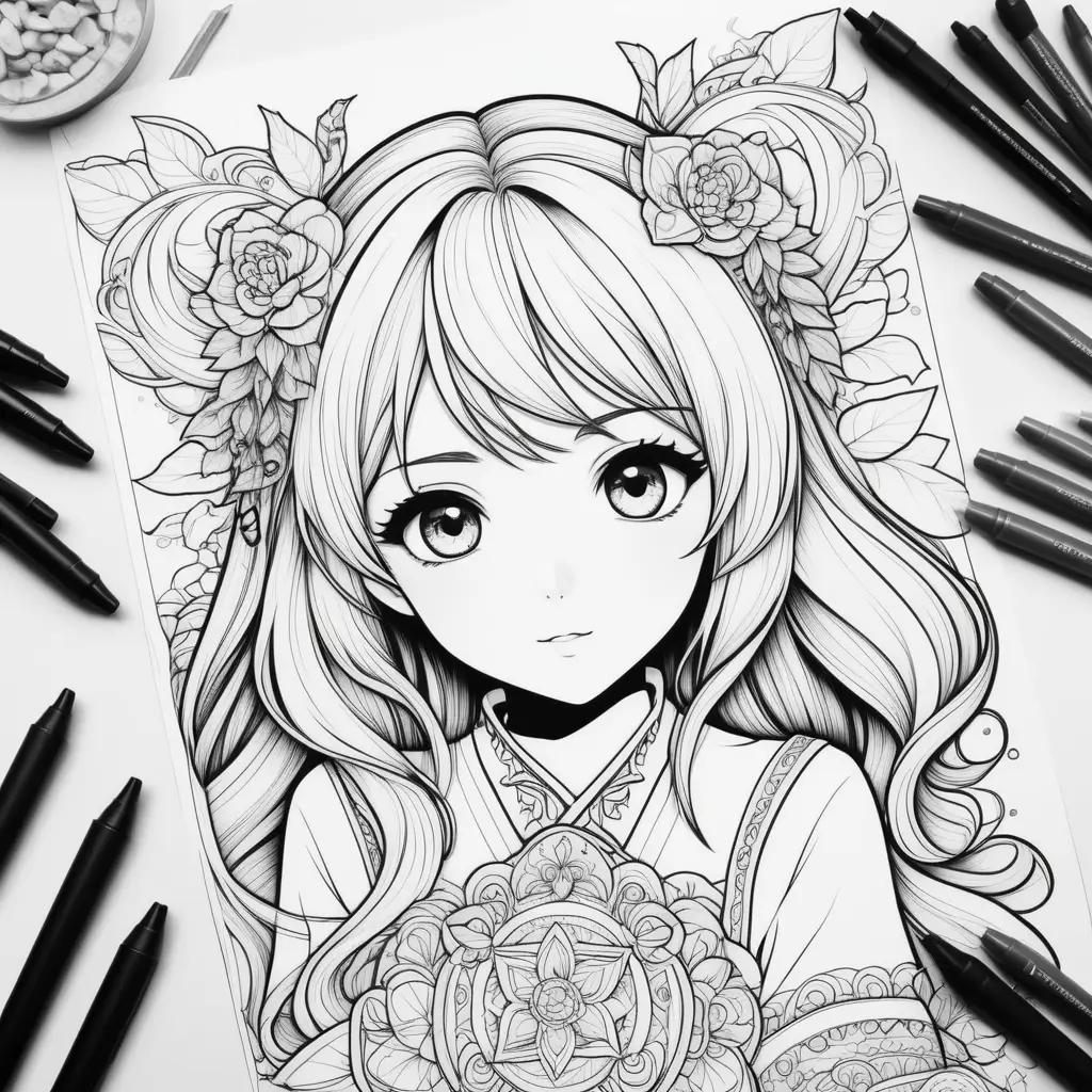 ime coloring page with flowers and anime girl