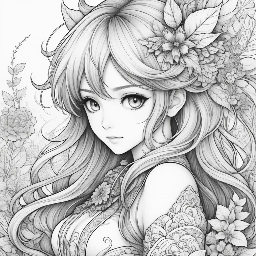 ime coloring pages featuring a girl with flowers and leaves