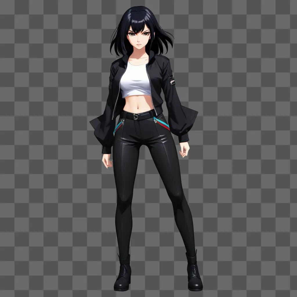 ime girl with black hair stands in black outfit