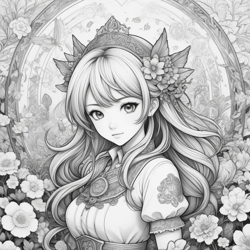 ime girl with flowers and birds in a black and white color page