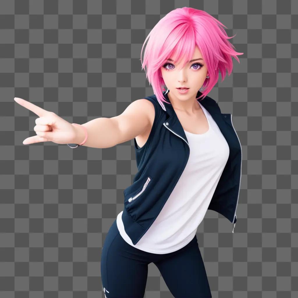 ime girl with pink hair points at something