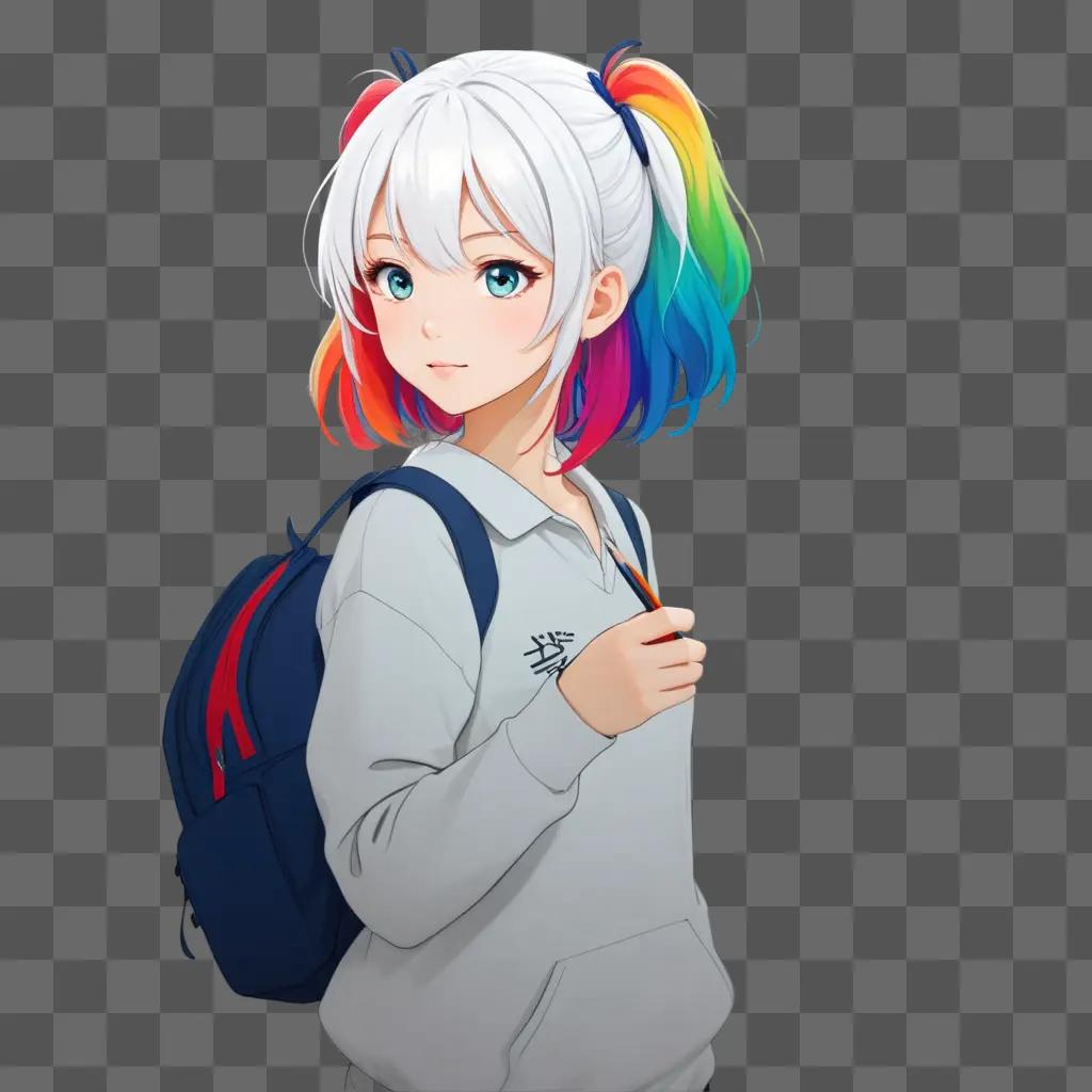 ime girl with rainbow hair in a gray jacket and carrying a backpack