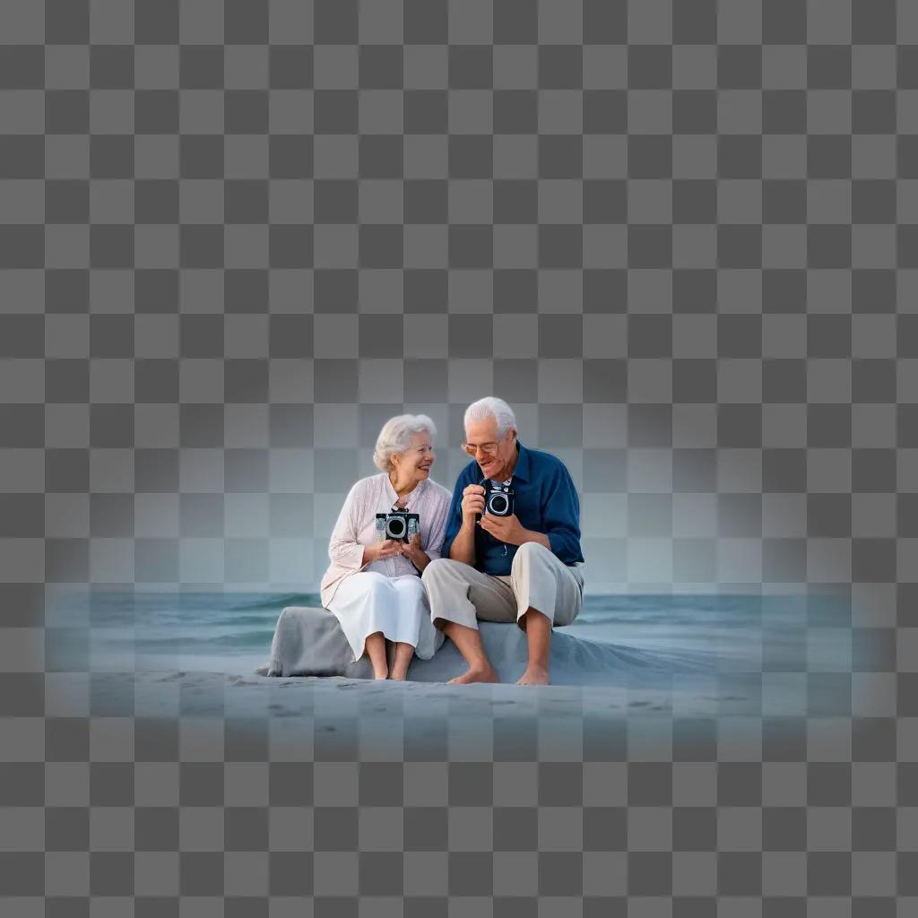 ing couple sitting on beach with cameras