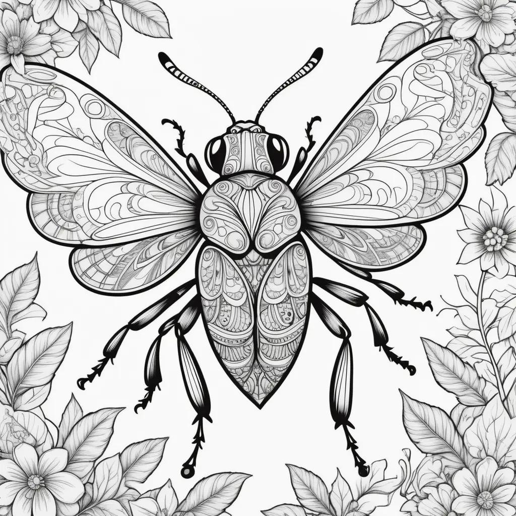 intricate bug coloring page with flowers in the background