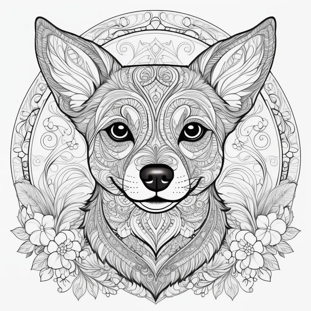 intricate dog coloring page with a floral border