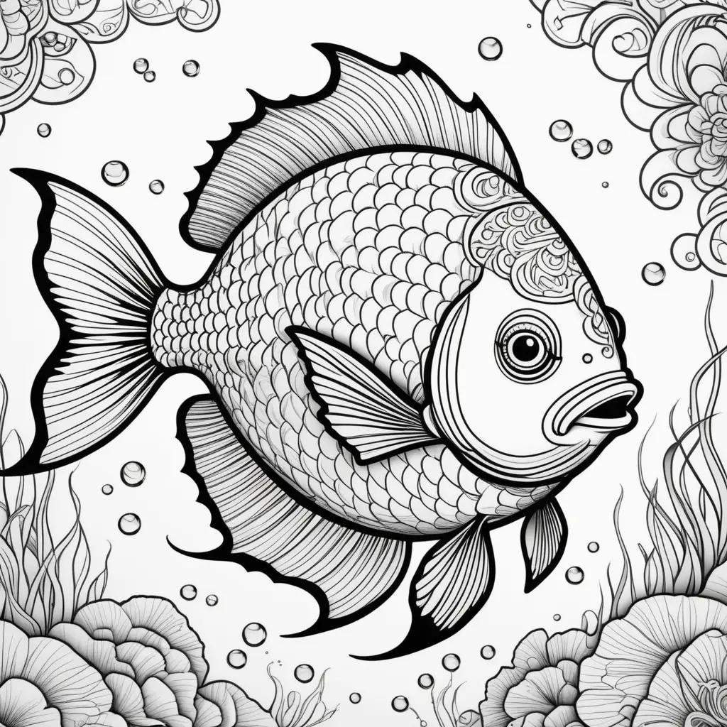 intricate fish coloring page with bubbles and flowers