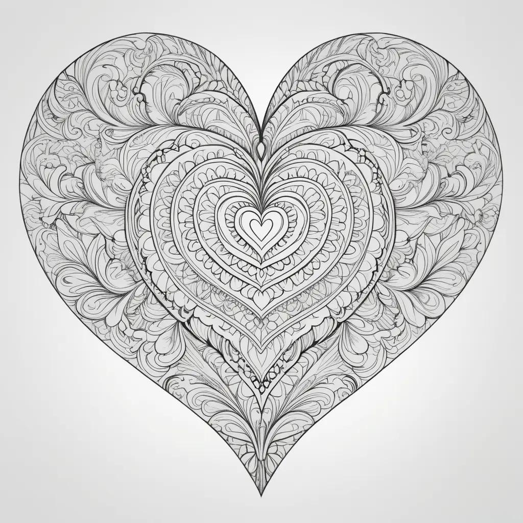 intricate heart is detailed in a black and white coloring page