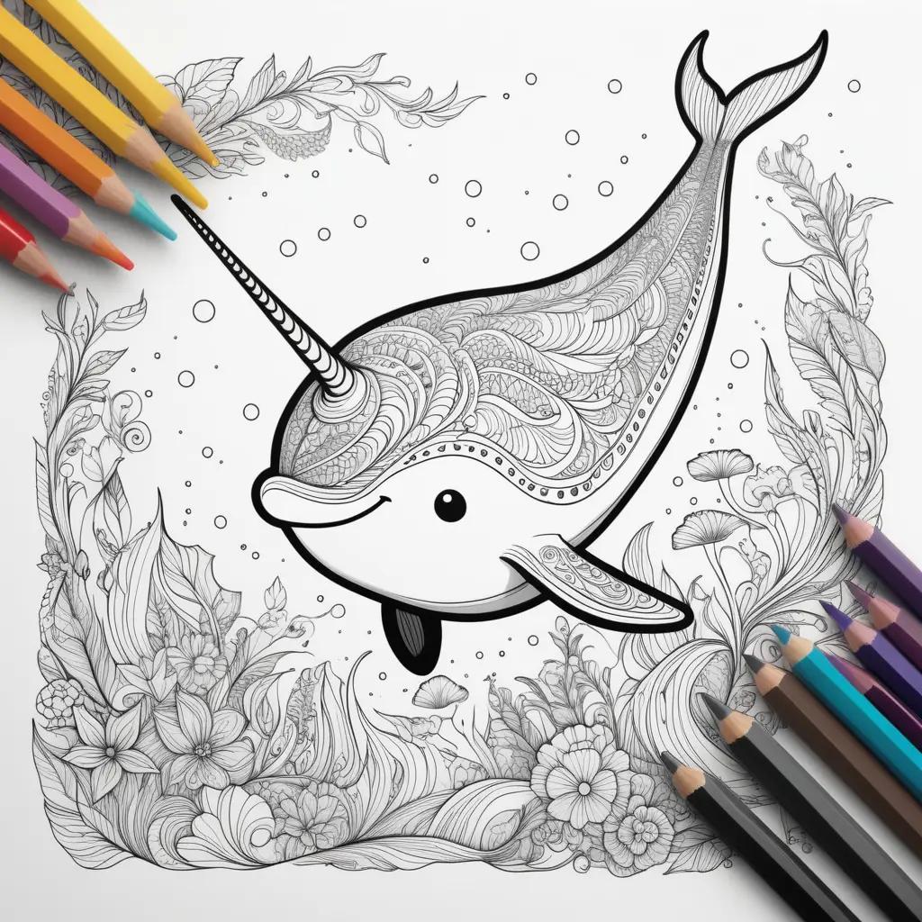 intricate narwhal coloring page with flowers and stars