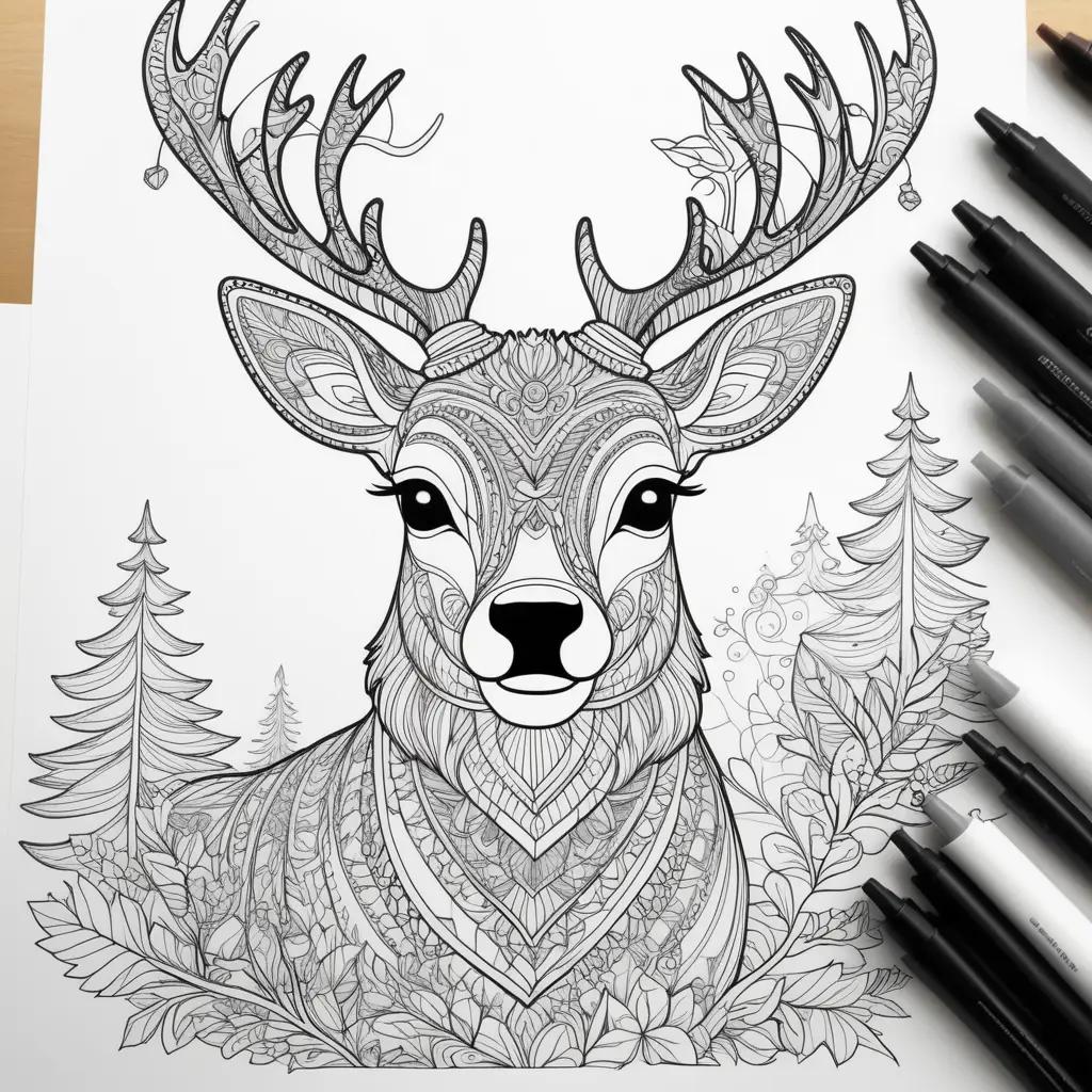 intricate reindeer coloring page features a forest scene