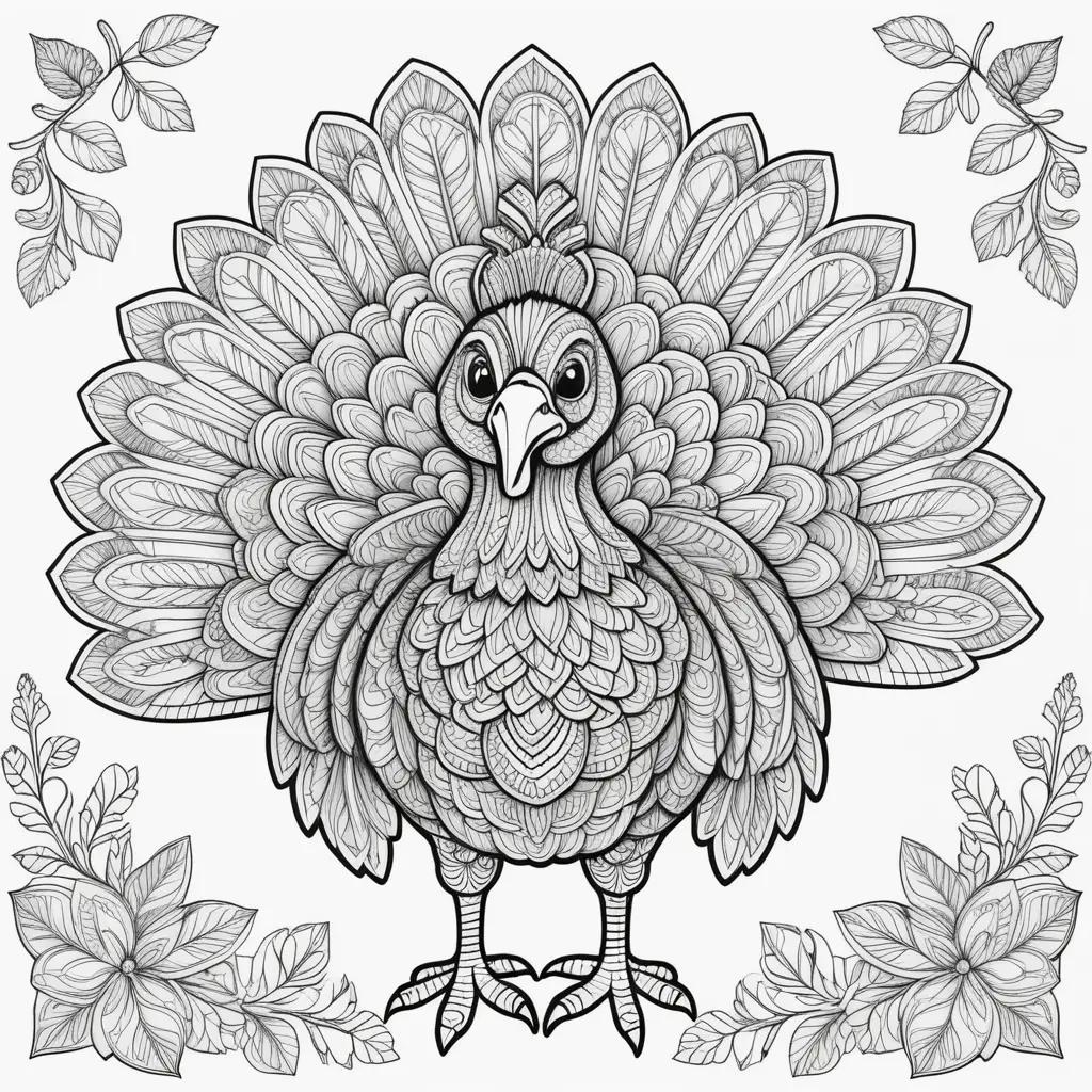 intricate turkey coloring page with leaves around it