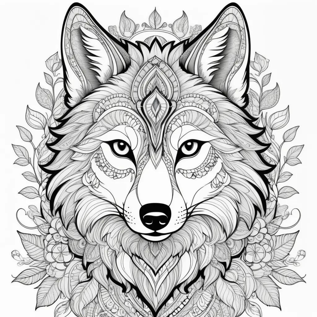 intricate wolf coloring page featuring a beautiful face with a floral border