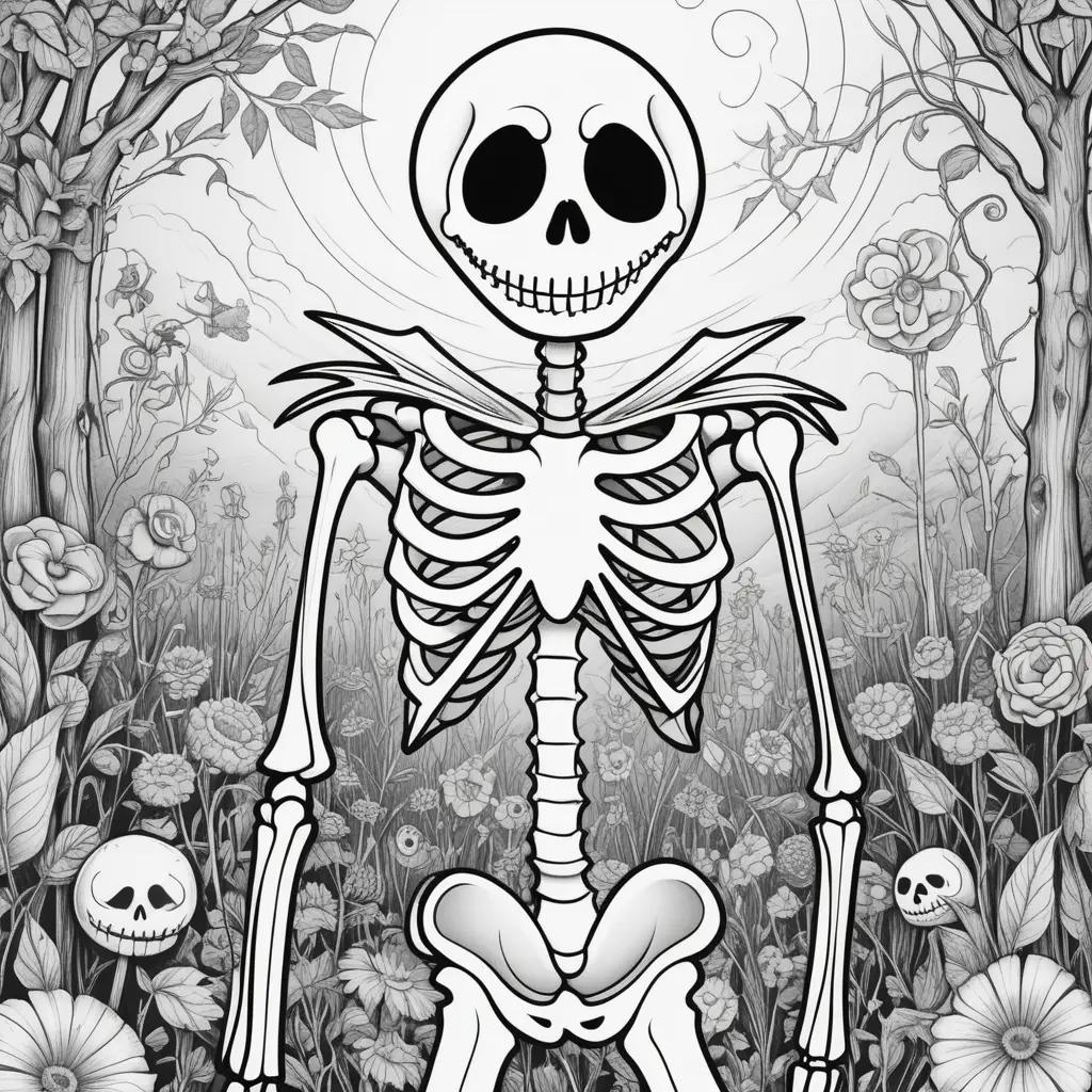 jack skeleton stands in a flower-filled garden