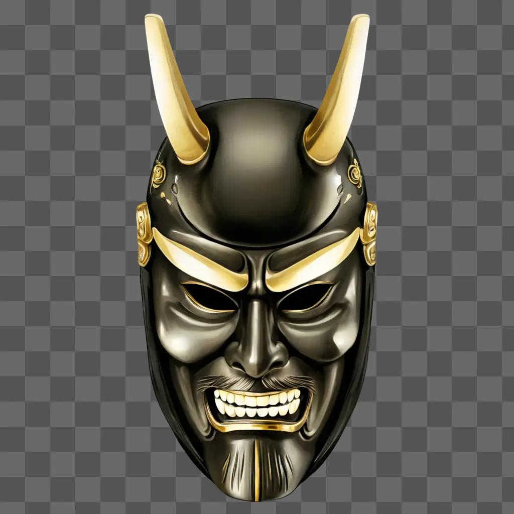 japanese samurai mask A black mask with golden horns on a brown background