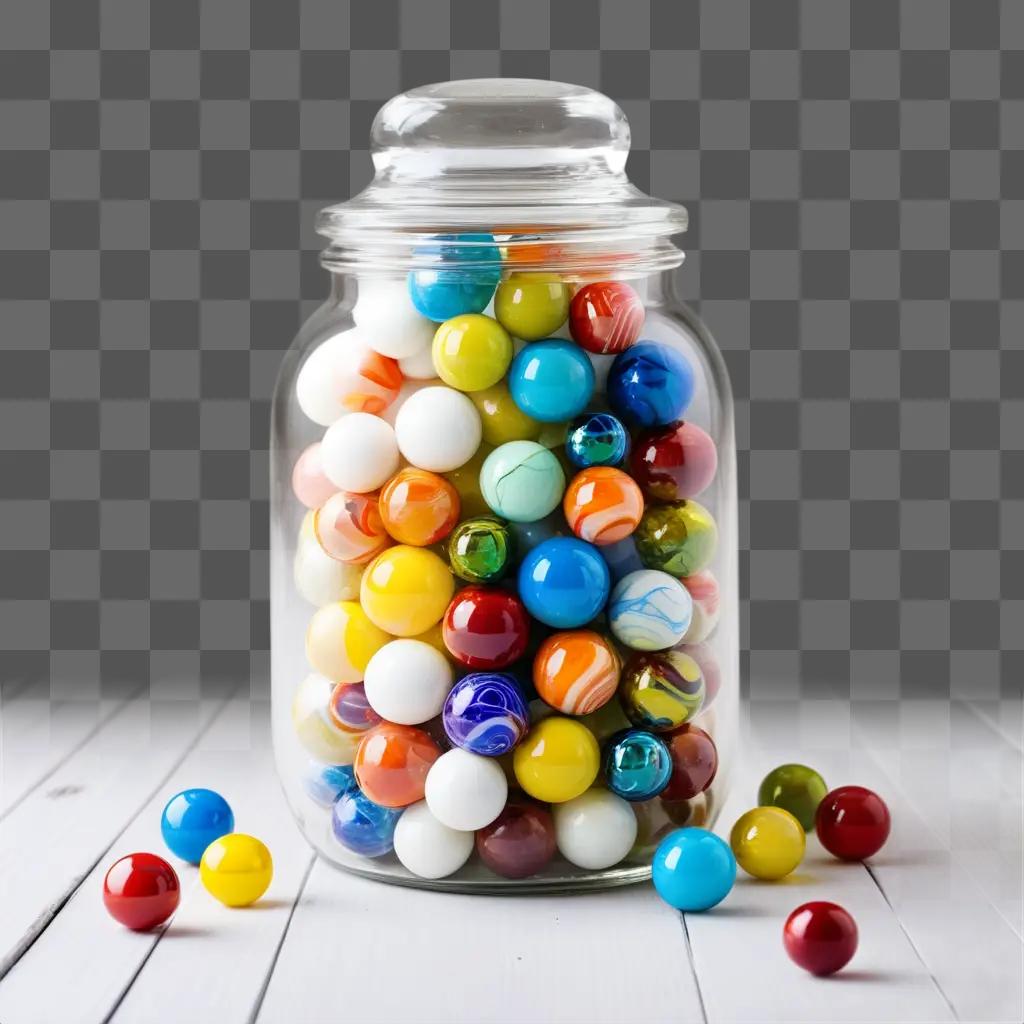 jar filled with colorful marbles sits on a table