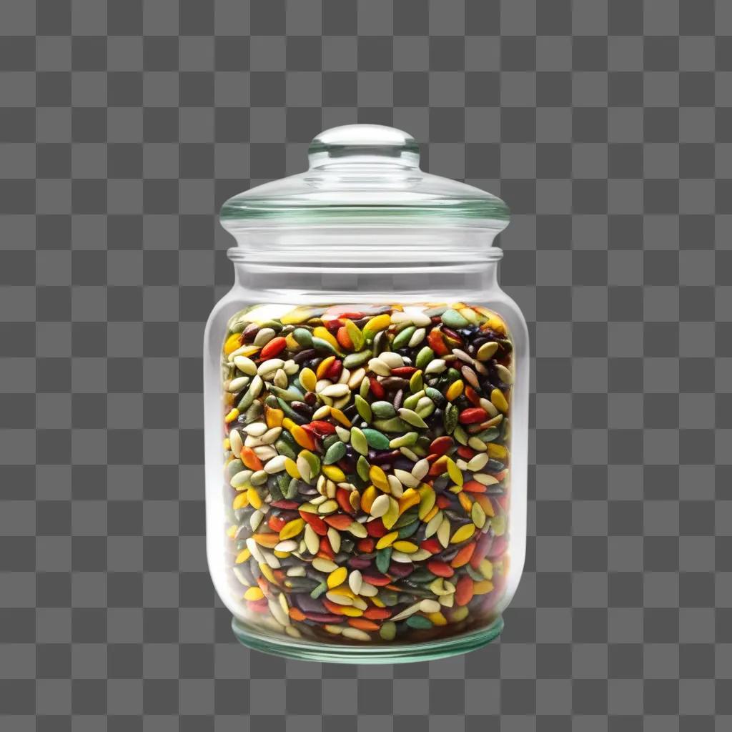 jar with a transparent lid contains a variety of seeds