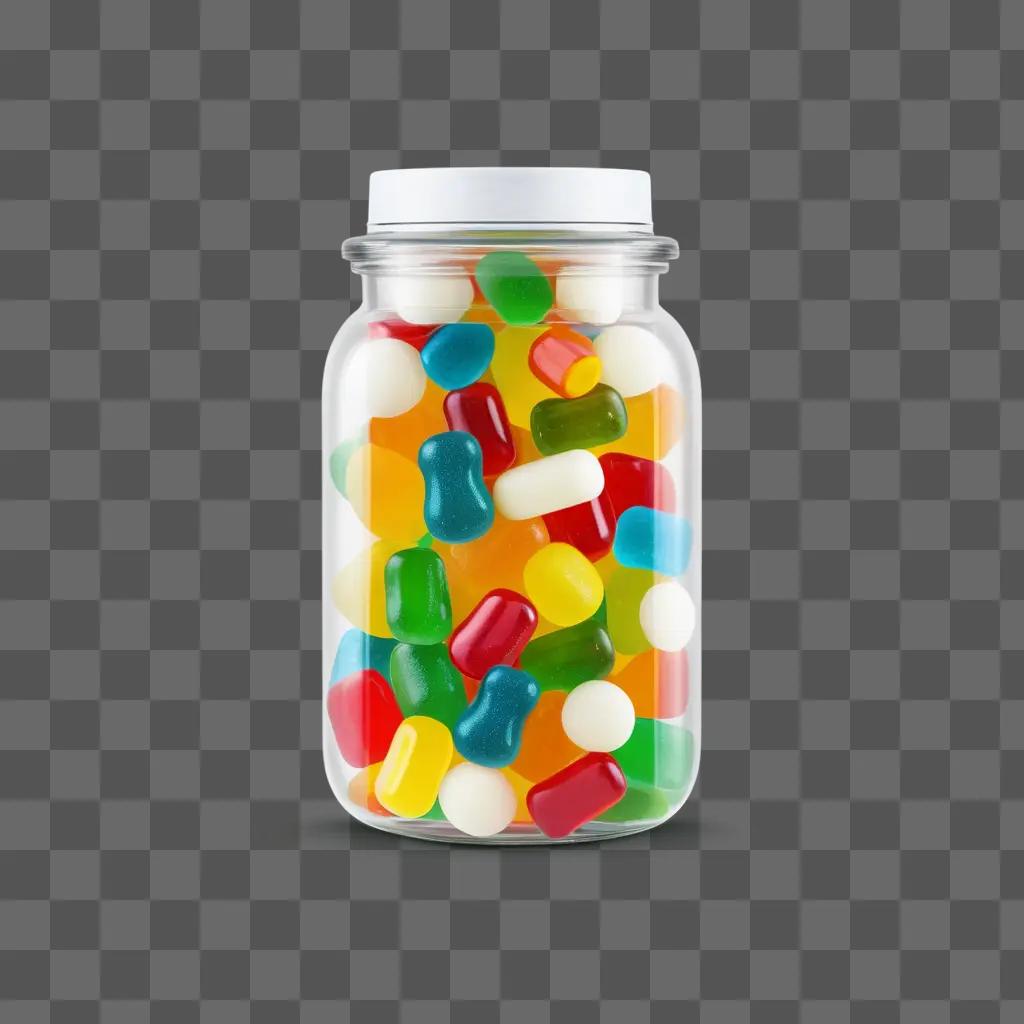 jar with a transparent lid holds a colorful assortment of candy