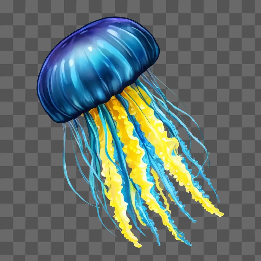 jelly fish drawing A cartoon jellyfish with yellow and blue tentacles