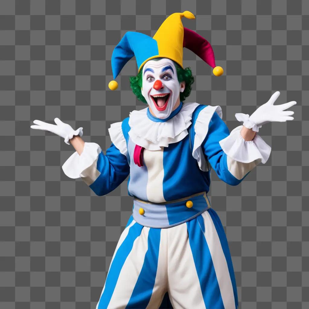 jester in a blue, white and yellow striped suit