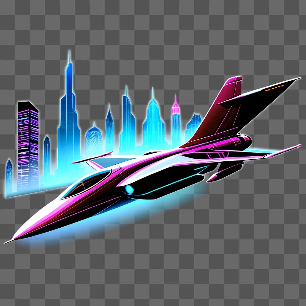 jet flying through a city in a neon-colored sky