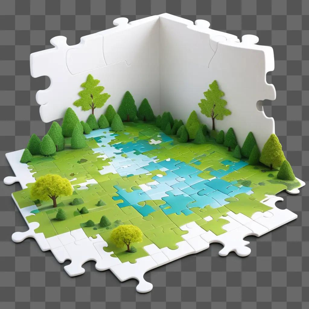 jigsaw puzzle with trees and lakes on it