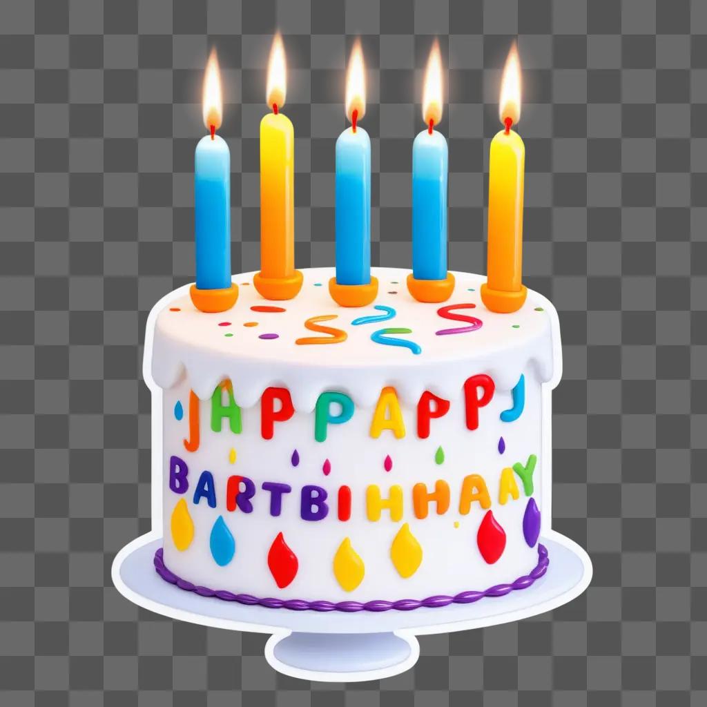 joyful birthday cake with colorful candles and sticker