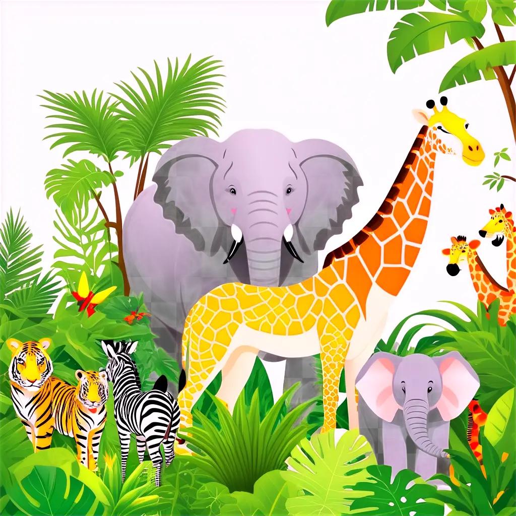 jungle full of giraffes, zebras, and elephants