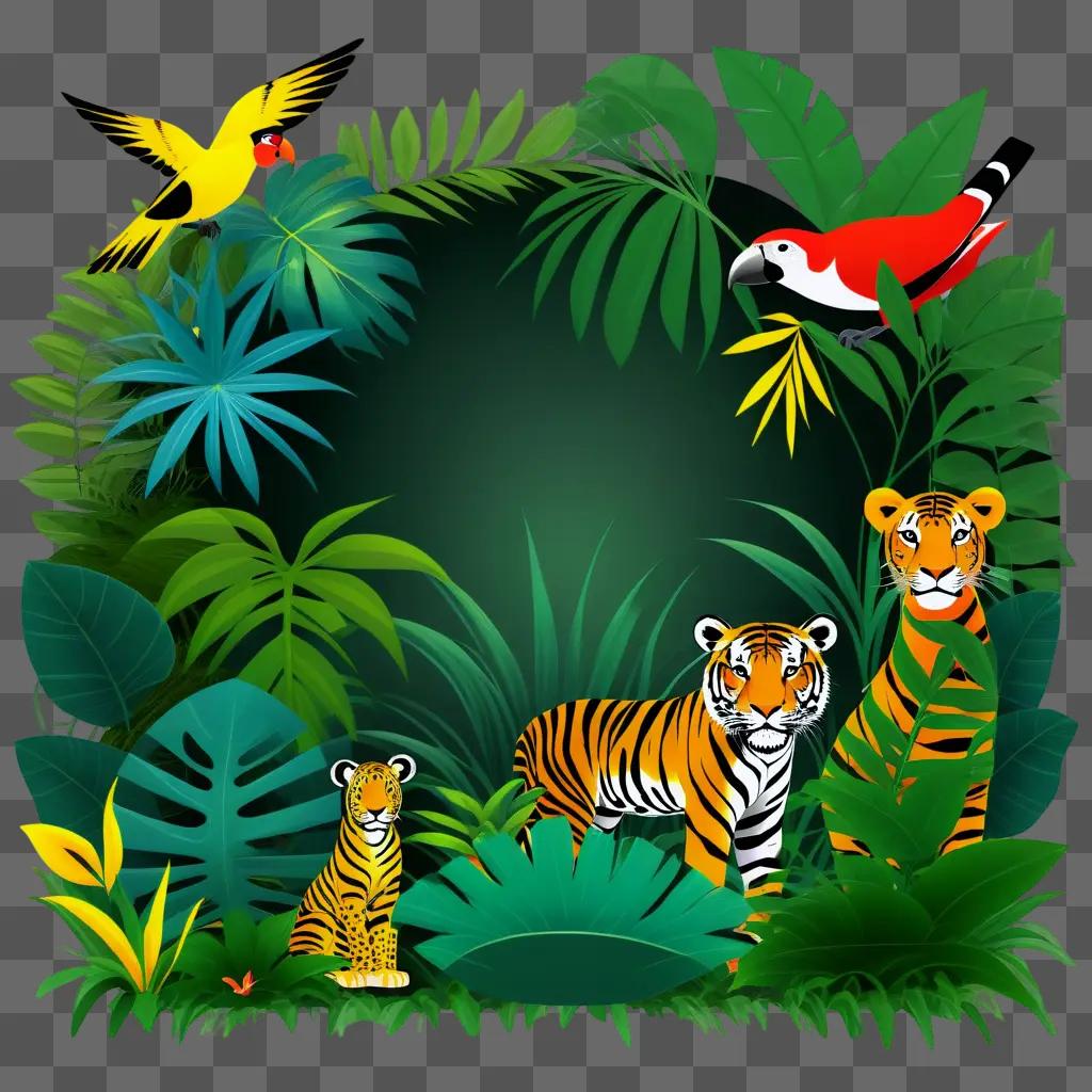 jungle scene with birds and tigers